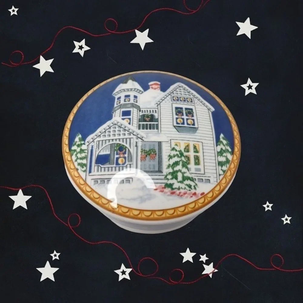 Mikasa HK508 683 Victorian Holiday lid dish Christmas trinket blue‎ star gold